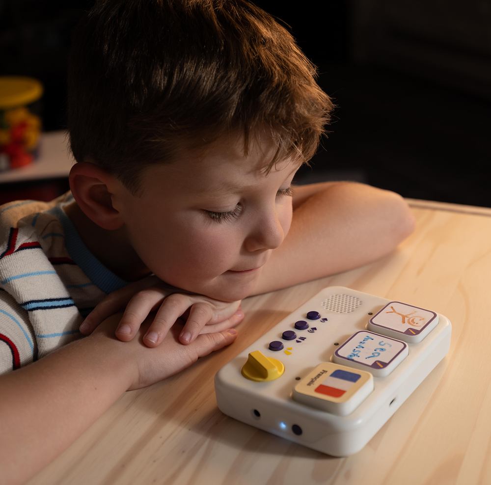 Child listening to a screen-free audio story on storymaker