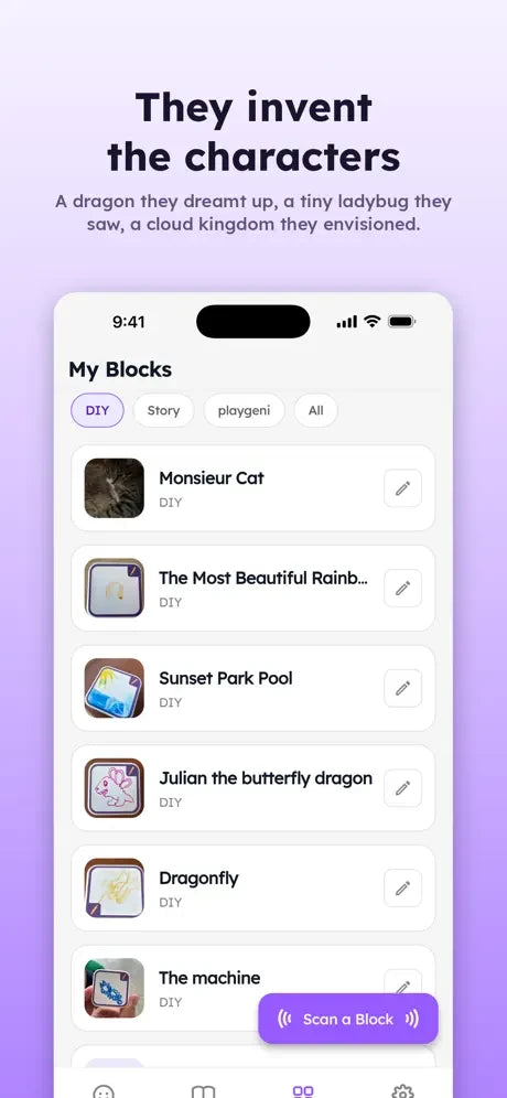 Invent characters and scan your own story blocks.