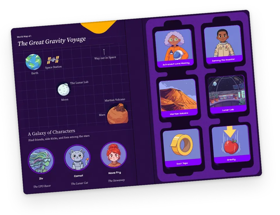 The Great Gravity Voyage: world map and story tiles