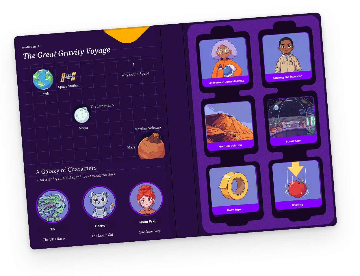 Inside The Great Gravity Voyage: world map and six story blocks